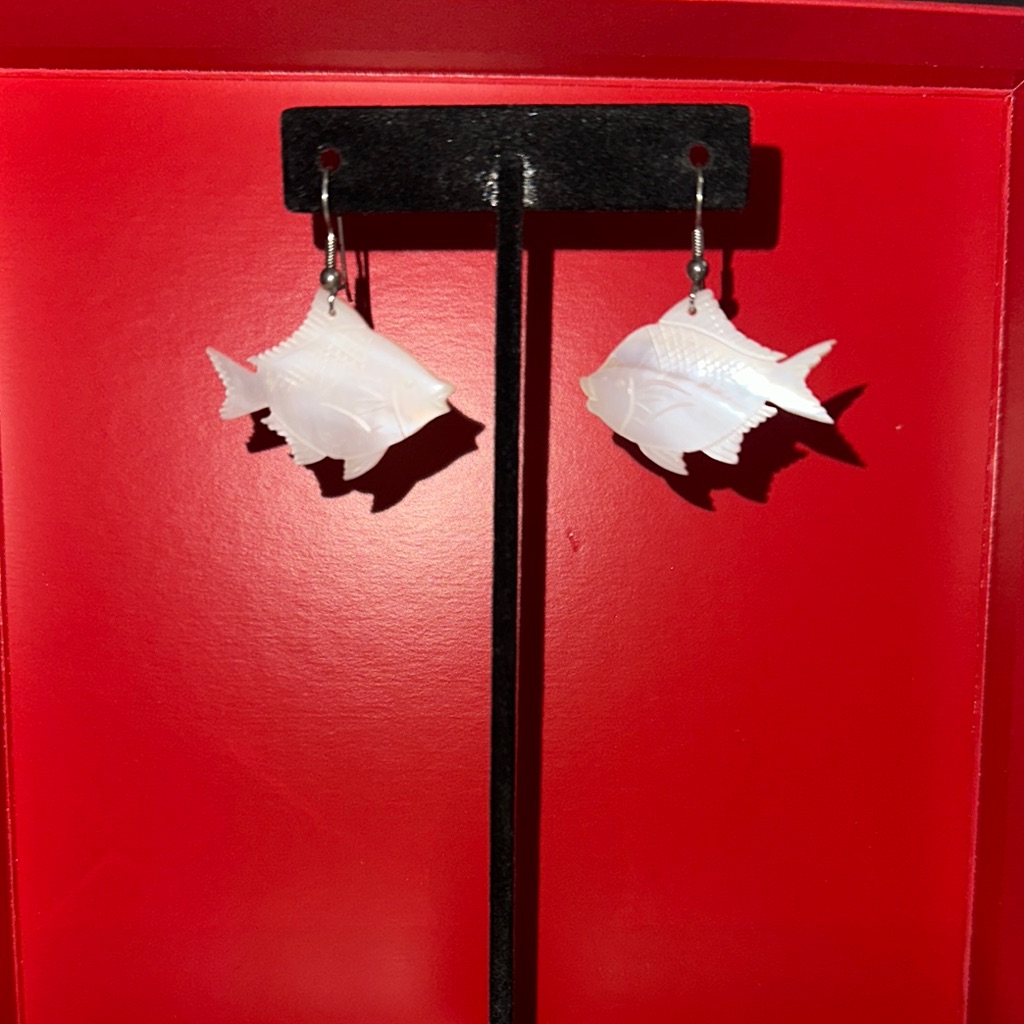 White Mother Of Pearl Carved Fish Earrings